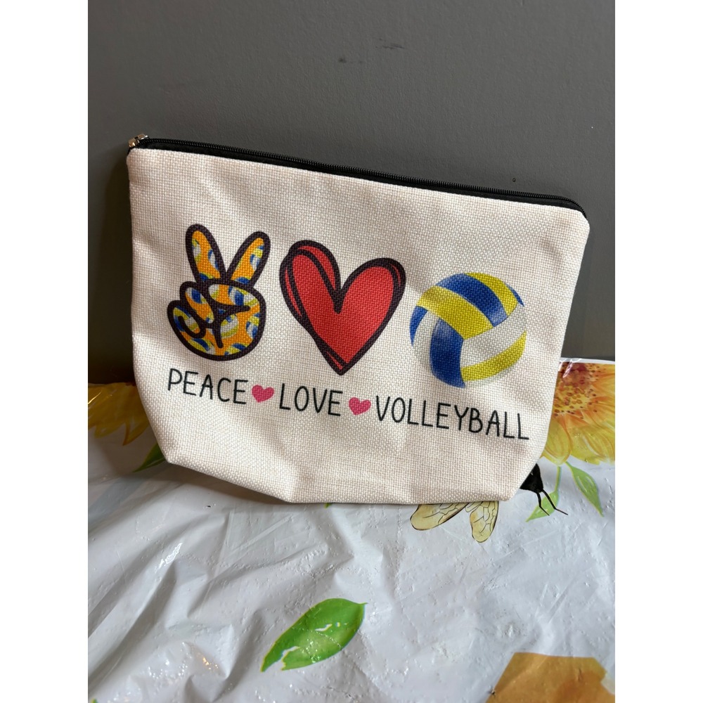 Peace Love Volleyball Canvas Zipper Pouch Makeup Bag Toiletry Travel Case Cream